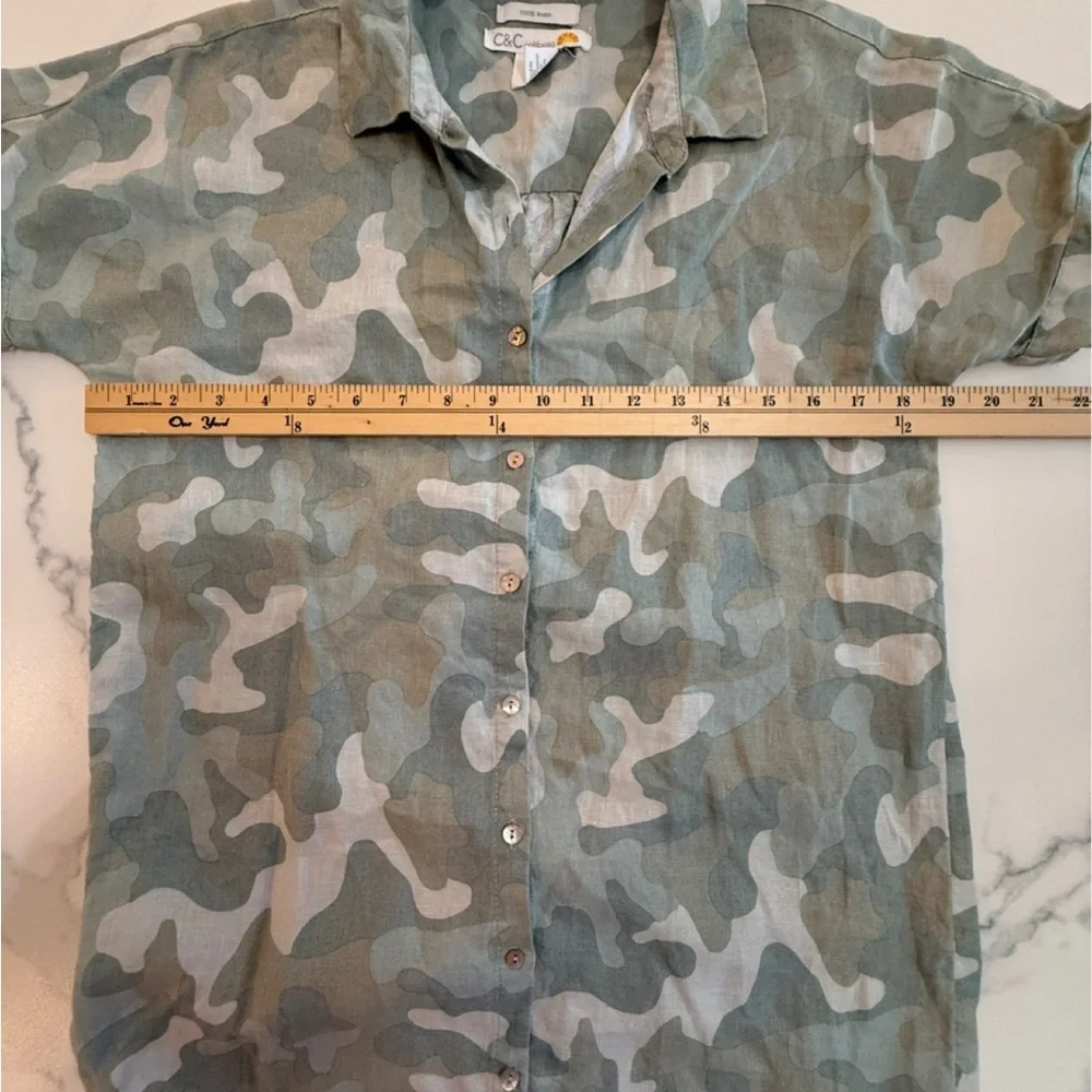 C&C California 100% Linen Green Camouflage Button Down Dress. XS